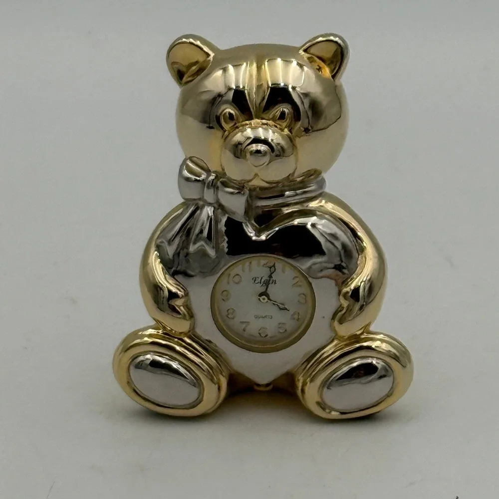 Elgin Teddy Bear Desk Clock Gold Silver Tone Heart Quartz Miniature Figurine